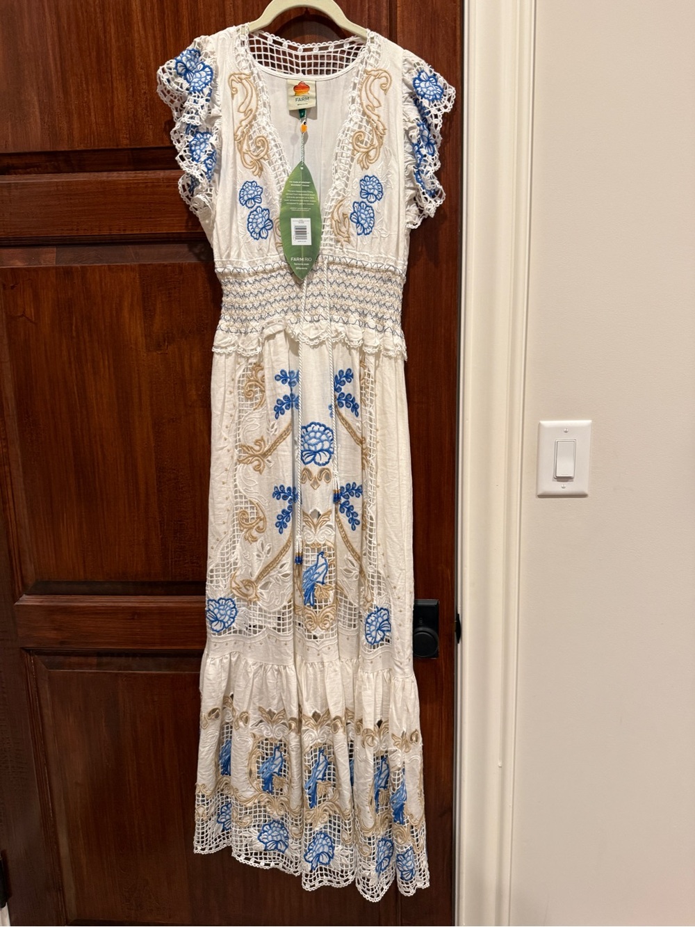 FARM Rio White Maxi Dress with Blue Floral Embroidery - Picture 8 of 11